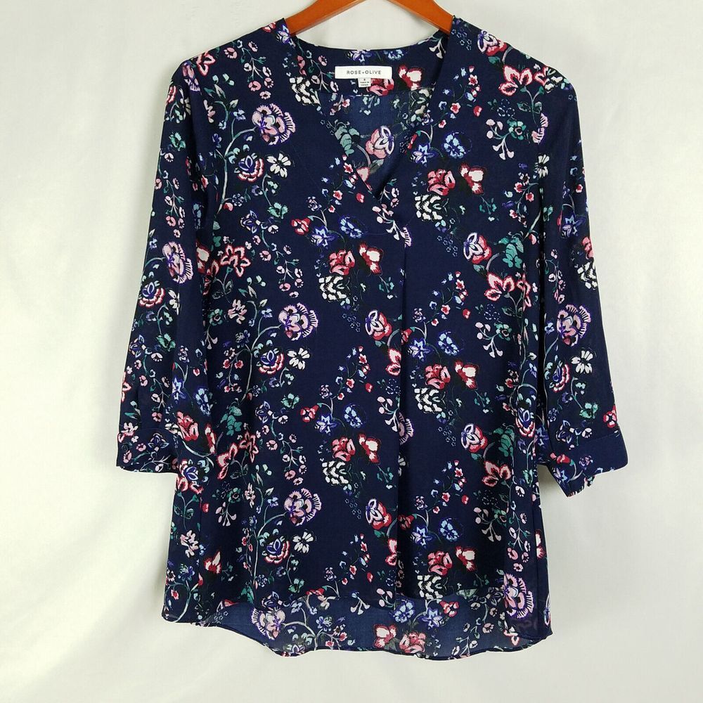 Rose + Olive Shirt Womens Small Blue Top Long Sleeve Floral Surplice‎ Neck